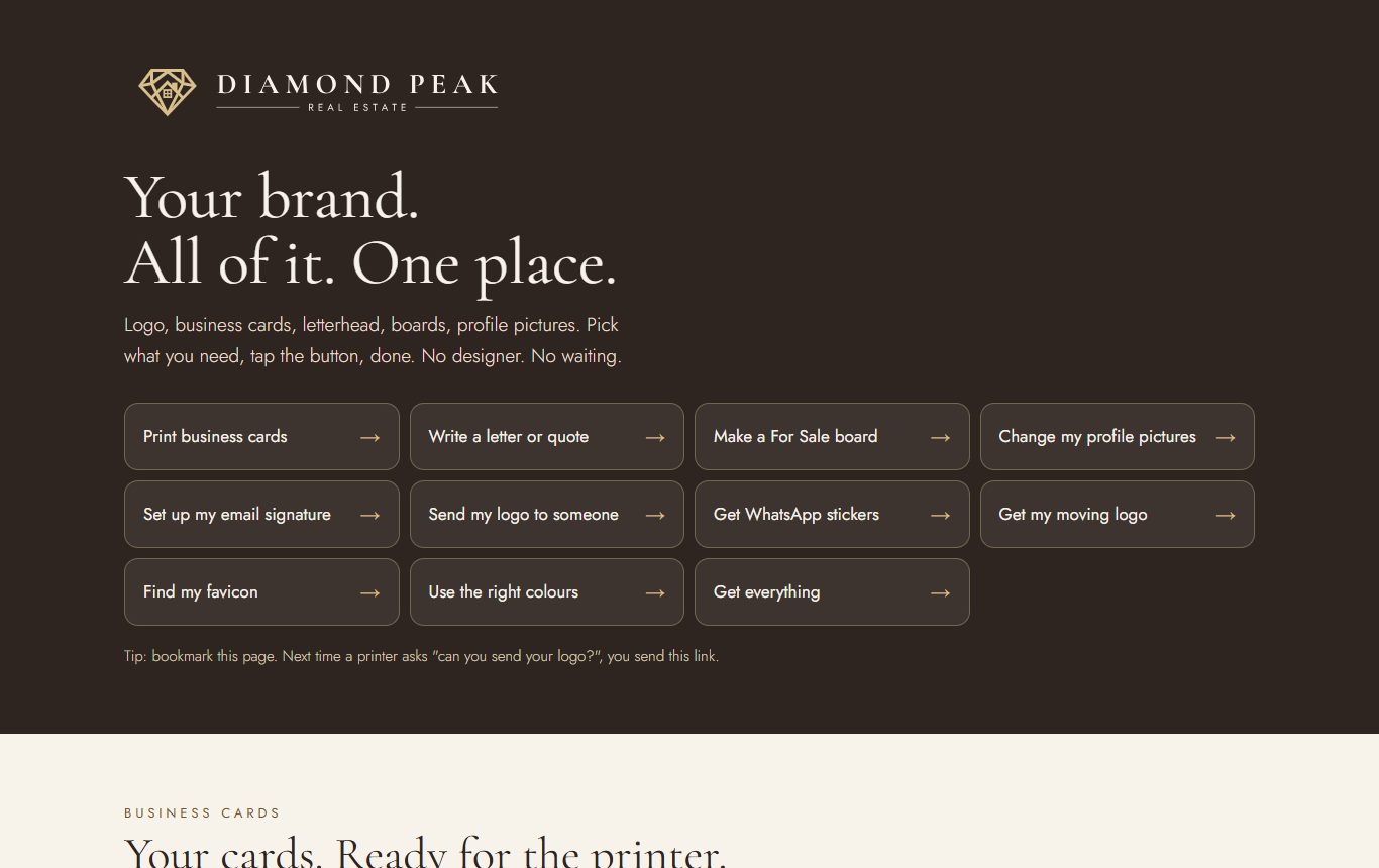 Diamond Peak's brand kit page: print business cards, make a For Sale board, get WhatsApp stickers