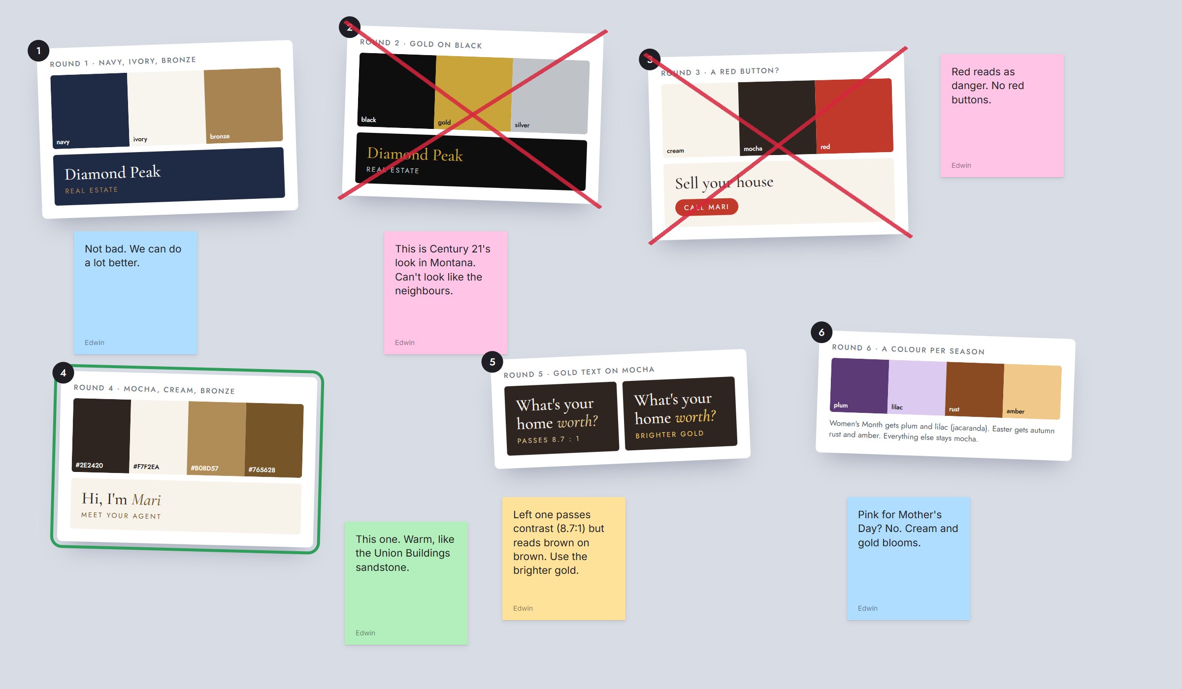 Six colour rounds for Diamond Peak: navy, gold on black, a red button, mocha and cream, gold text tests, and seasonal colours