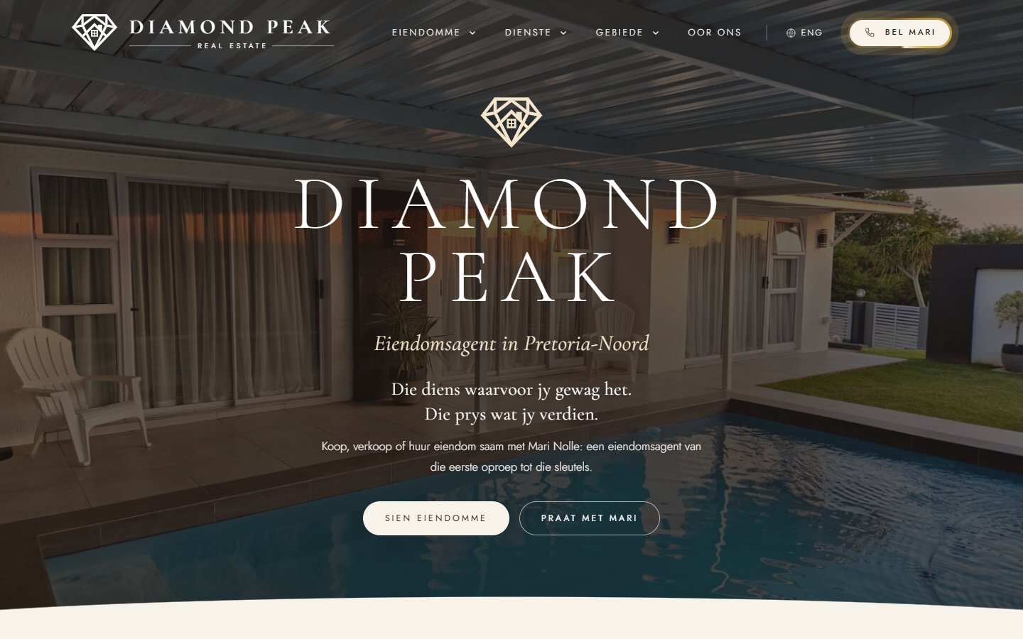 Diamond Peak homepage in Afrikaans
