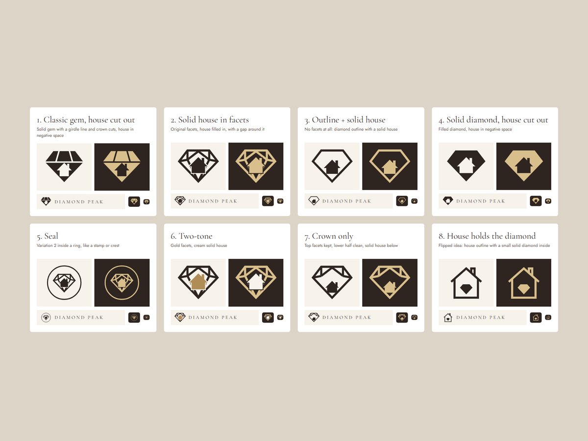 Eight logo variations: filled, outlined, seal, crown
