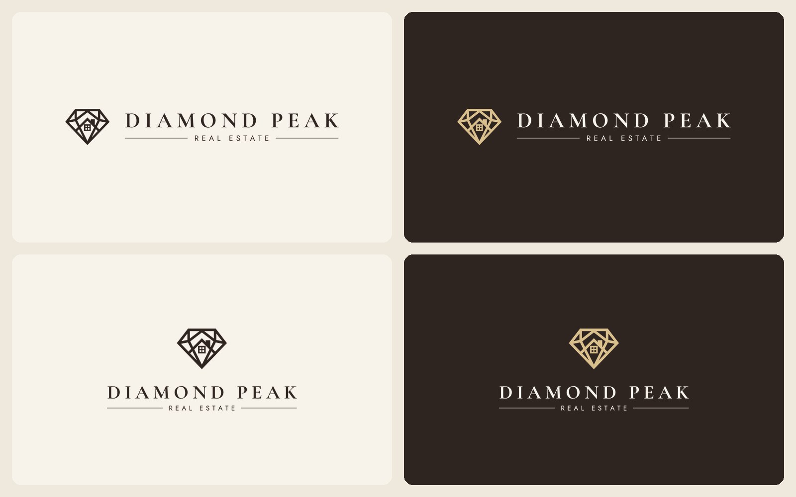 Diamond Peak logo: wide and stacked versions on light and dark backgrounds