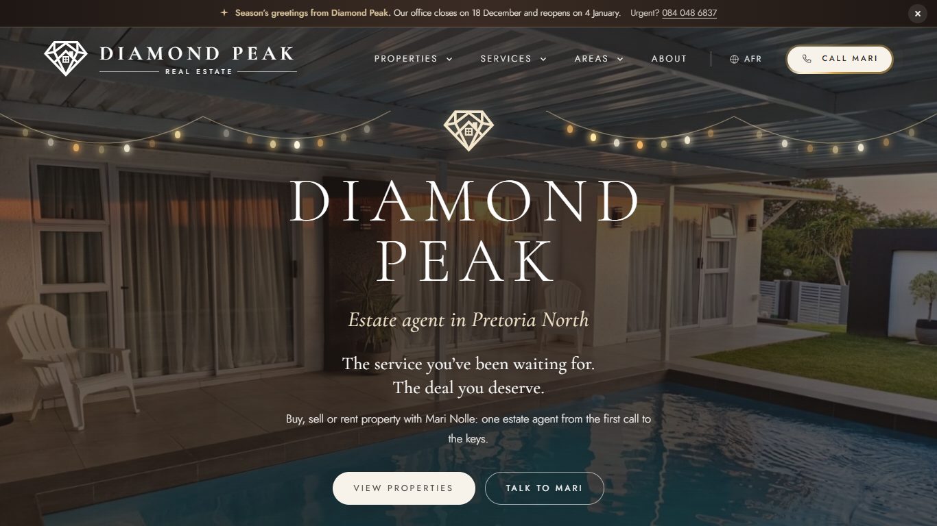 Diamond Peak's homepage in December, with string lights and the office closing dates