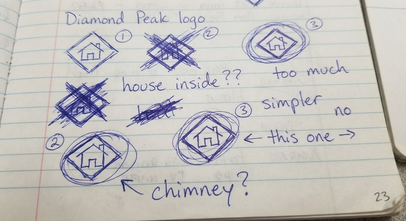Notebook page of rough Diamond Peak logo sketches, some crossed out, some circled
