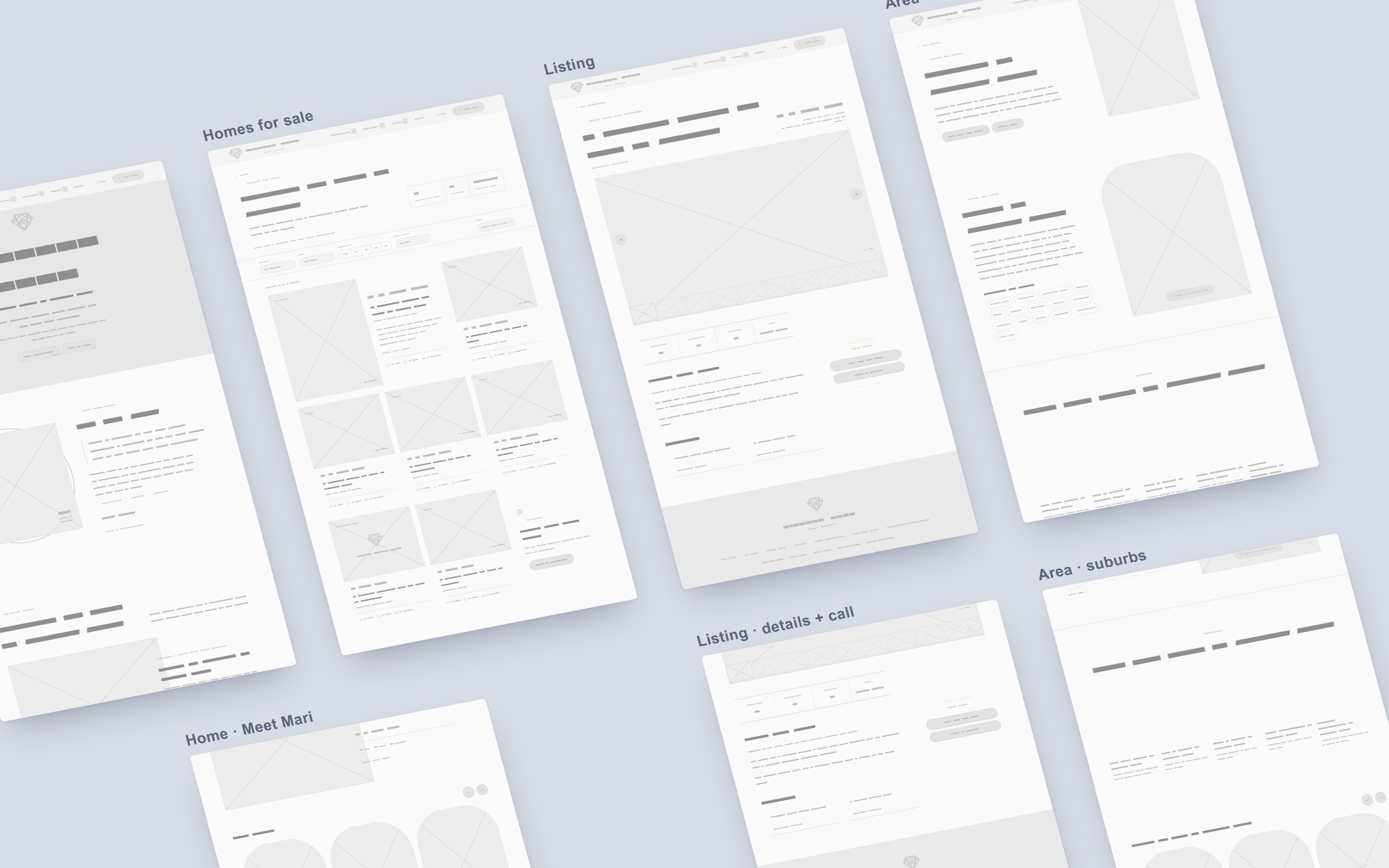 Grey wireframes of the home, homes for sale, listing and area pages