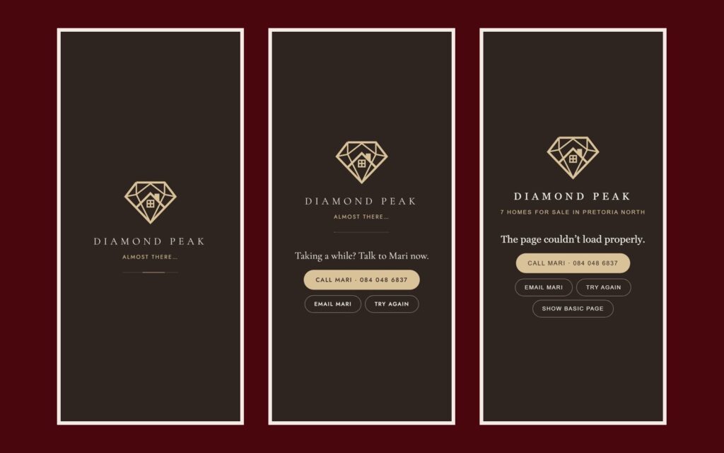 Three phones showing the Diamond Peak website loading under simulated bad conditions